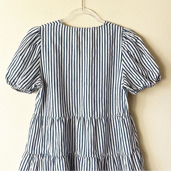 Zara Cotton Linen V Neck Striped Tiered Mini Dress - Picture 7 of 10